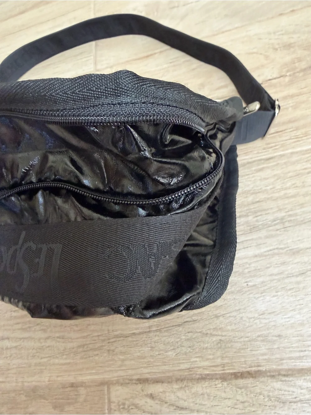 Lesportsac Black Gloss Nylon Messenger Bag with Adjustable Strap